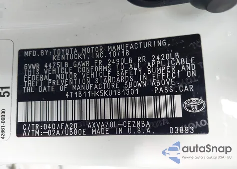 2019 Toyota Camry Le from USA, damaged, VIN 4T1B11HK5KU181301